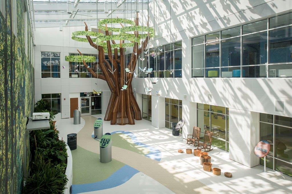 Overview of Atrium with Tree Sculpture reaching the ceiling