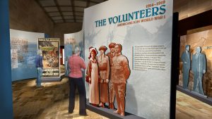 Woman reading wall graphic that says The Volunteers