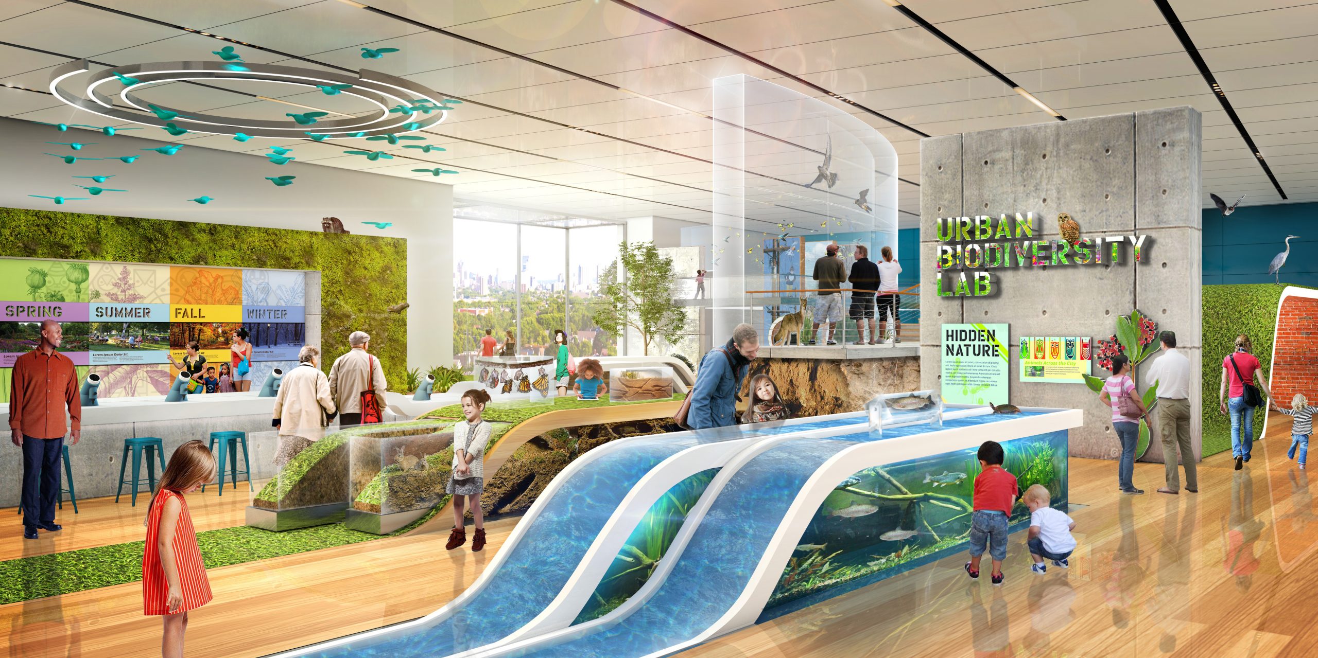 Exhibit Area on Biodiversity with aquarium, animal enclosures