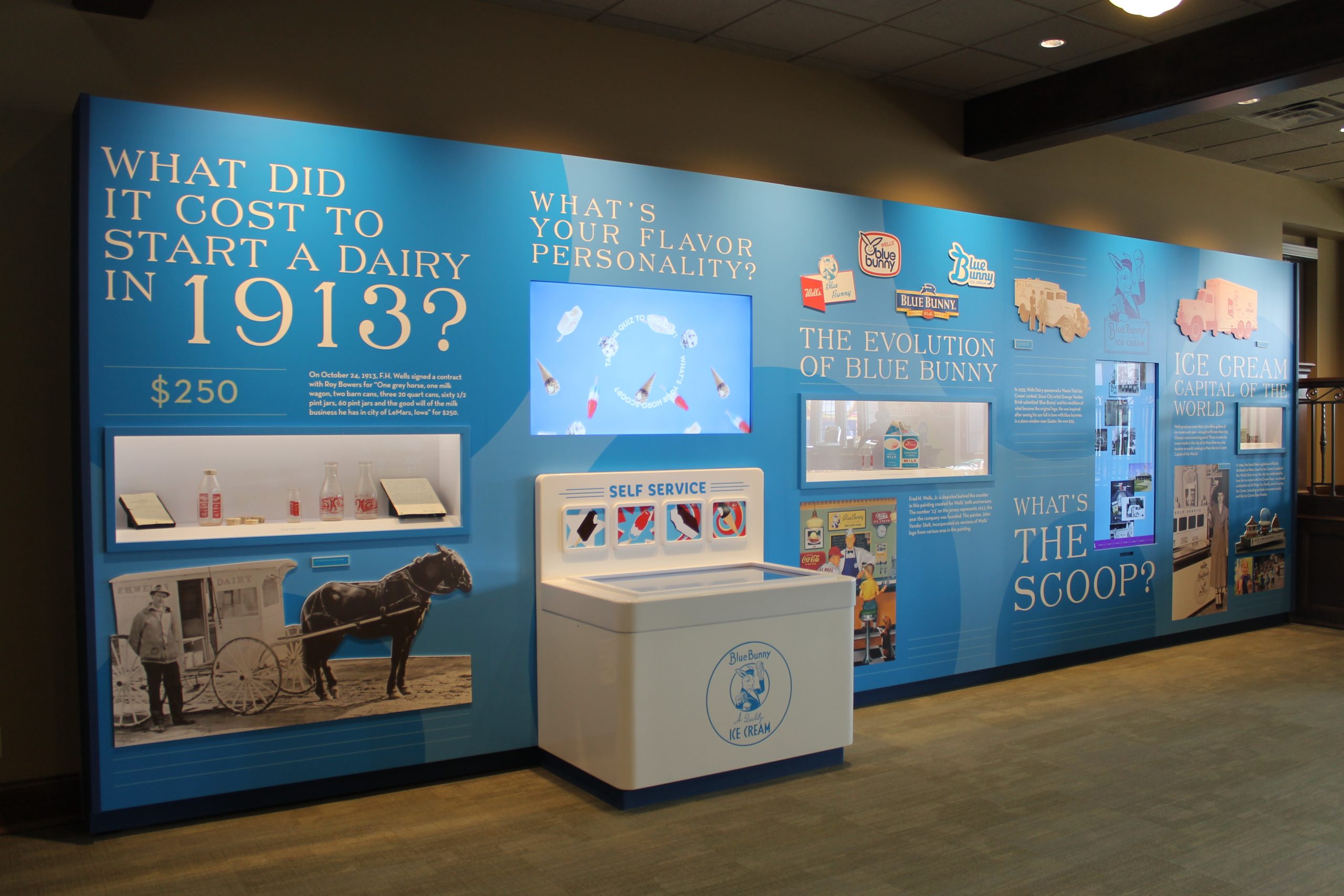 View of History wall includes text and images as well as Self Service ice cream fridge